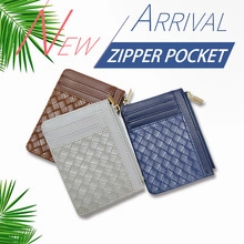 Detail of woven PU leather card holders with zipper pockets in multiple colors