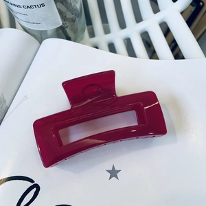 Close-up of deep red resin rectangular claw clip on a white book with aesthetic green plant
