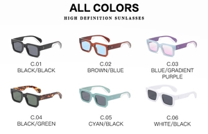 Detailed grid showing six color options for square frame sunglasses with rivet accents