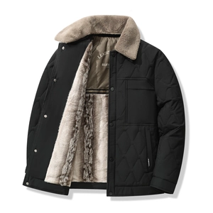 Men's heavy winter jacket with faux fur collar and quilted pattern in black color