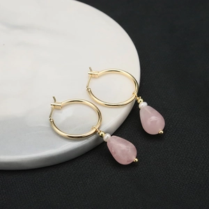 925 Sterling Silver Earring Post Rose Quartz Freshwater Pearl Drop Earrings 18K Gold Plated Exquisite Round Hoop Ear Jewelry