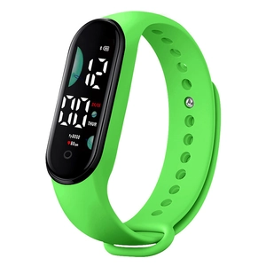Outdoor LED digital sport watch with bright green silicone strap and fitness tracker