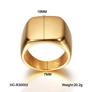 Detailed view of square 18K gold plated stainless steel signet ring with 18mm face height