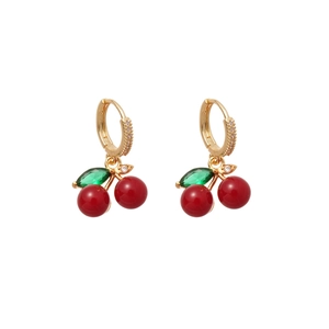 Elegant cherry stud earrings with red beads and green crystals on gold-plated metal base