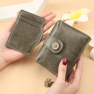 Women's army green PU leather short wallet with sunflower snap and clover zipper pull