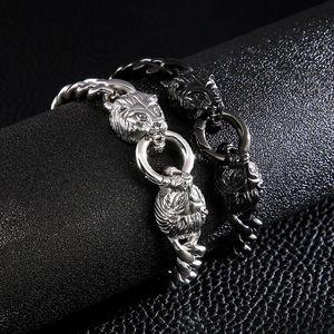 Men's hip hop lion head Cuban chain bracelet in silver and black stainless steel
