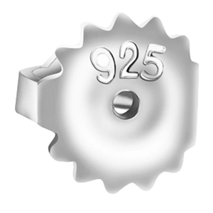 Authentic 925 sterling silver earring backs with engraved hallmarks on white background