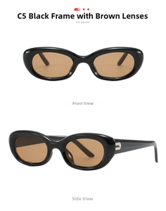 Detailed front and side views of vintage black oval sunglasses with brown lenses