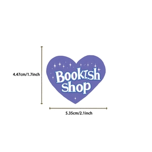 Detailed size chart of the Bookish Shop heart sticker showing dimensions in inches and cm