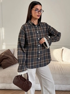 Women's plaid shirt with lace cuffs and loose casual fit in dark grey checkered pattern