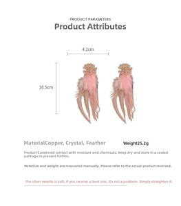 Detail view of pink feather earrings showing dimensions 18.5cm by 4.2cm and weight 25.2g