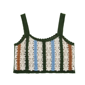 Retro boho crocheted camisole featuring green straps and multicolored vertical stripes