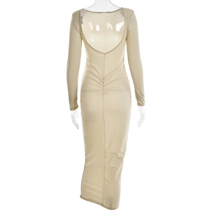 Detail of glittery beige long sleeve backless dress with ruched silhouette