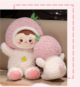 Detailed front and back view of a pink peach plush doll with soft fluffy fabric texture