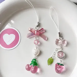 Pink Beaded Keychain Phone Strap Strawberry Cherry Bow Heart Charms For Bag Guben Card Holder Decor Sweet Kawaii Style
