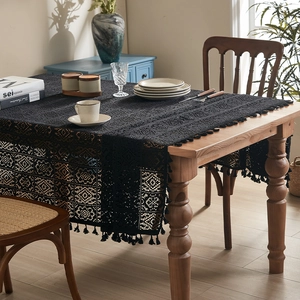 Vintage black crochet lace tablecloth with hollow patterns and tassels for dining tables