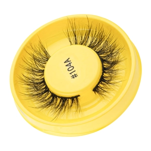 Self-adhesive black false eyelashes model #104A in a round yellow storage case