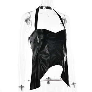 Detail of black faux leather halter top featuring irregular hem and glossy texture