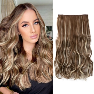 Long wavy brown hair extension with blonde highlights showing model wear and flat lay detail
