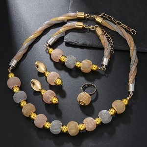 Detailed close-up of a three-tone mesh ball jewelry set including necklace and ring
