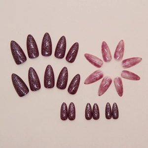 Sparkly purple marble almond press-on nails set with 24 pieces of long almond shape tips