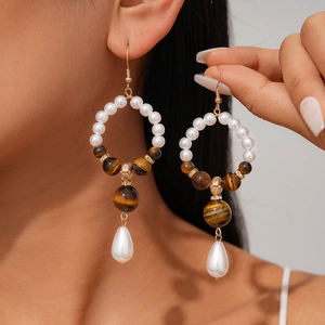 Orecchini A Goccia Bohemien Con Pietre Occhio Di Tigre Künstliche Perle Di Imitazione Strass Lega Stile Retro Vintage