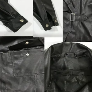 Détails de la veste en similicuir noir avec boutons métalliques et coutures du revers