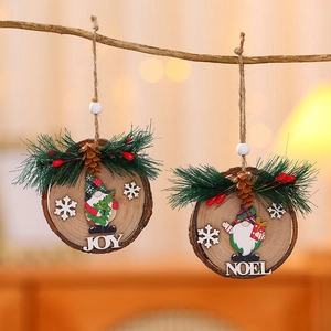 Christmas Wood Slice Hanging Ornaments Wooden Gnome Pendants With Pine Cones Berries For Xmas Tree Home Decor Joy Noel
