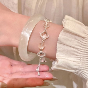 Minimalist white crystal clover beaded bracelet and translucent bangle jewelry set