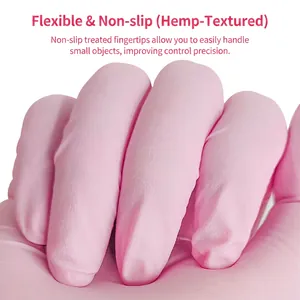 Pink disposable nitrile gloves featuring non-slip textured fingertips for firm grip