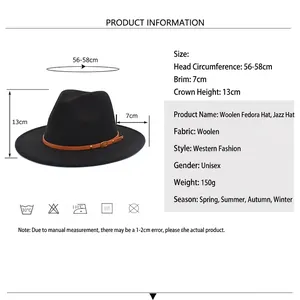 Size chart for leopard contrast wool felt fedora hat with dimensions and care instructions