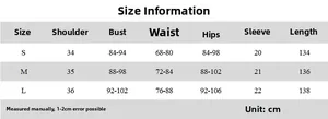 Detailed size chart for the women's round neck long sleeve dress with measurements in cm