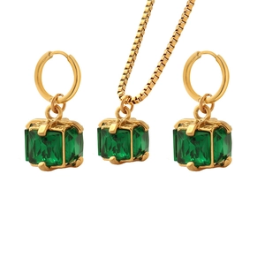 Golden titanium steel jewelry set with emerald green square zircon necklace and earrings
