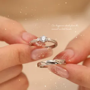 999 Sterling Silver Couple Ring Adjustable Open Ring With Rhinestone Solitaire For Lovers Engagement Valentine Jewelry Gift