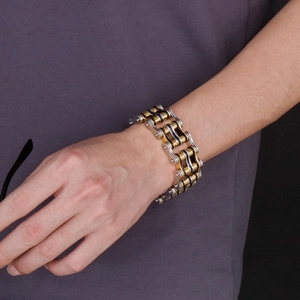 Men's tri-color industrial bicycle chain bracelet in gold, silver and black stainless steel