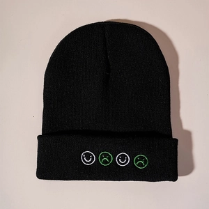 Unisex black beanie with four embroidered face emojis and classic cuffed design