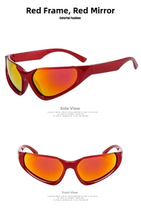 Front and side macro views of sporty Y2K sunglasses with red frame and mirrored lenses