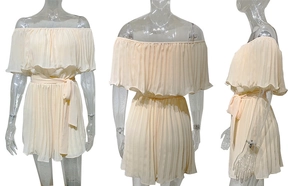 Three-angle view of beige off-shoulder pleated romper with matching waist belt