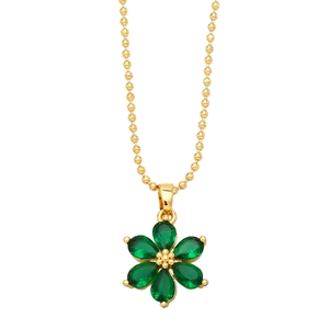Elegant gold beaded necklace with a green water-drop gemstone flower pendant