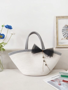 Woven Handbag Cotton Rope Mesh Bow Beaded Large Capacity Shoulder Tote Bag For Women Elegant Fresh Sweet Contrast Color
