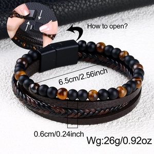 Multilayer leather bracelet with tiger eye beads and black magnetic clasp for men