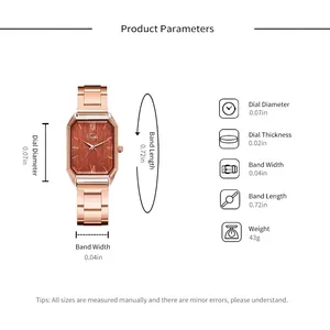 Women's rose gold rectangular quartz watch with product dimensions and steel mesh strap