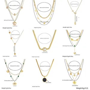 Size chart for 9 styles of gold-plated stainless steel necklaces with pearls and pendants