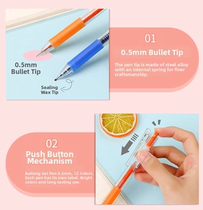 Detail of 0.5mm bullet tip rollerball pens showing steel alloy spring structure and wax seal