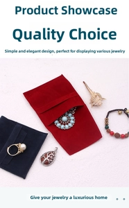 Macro view of square velvet jewelry pouches in red and blue with flap closure design