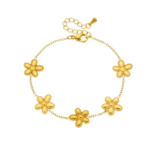 Elegant gold plated stainless steel bracelet with five petal flower charms and adjustable chain