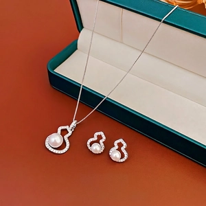 Gourd Pendant Necklace And Earrings Copper Zircon Imitation Artificial Pearl With Silver Earring Post Elegant Fashion Women