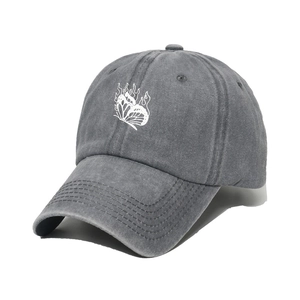 Washed dark grey cotton baseball cap with white butterfly flame embroidery and curved brim