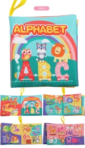 Detailed pages of baby cloth book with colorful alphabet and animal illustrations.