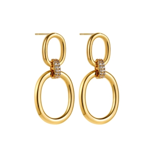 Polished 18K gold double oval link drop earrings with sparkling zircon accents